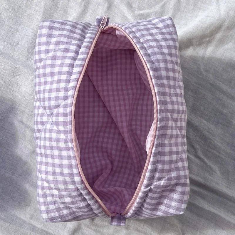 Модная клетчатая косметичка с цветочным принтом, большая вместительная портативная косметичка для хранения, хлопковая стеганая сумка для стирки, сумка для ухода за кожей