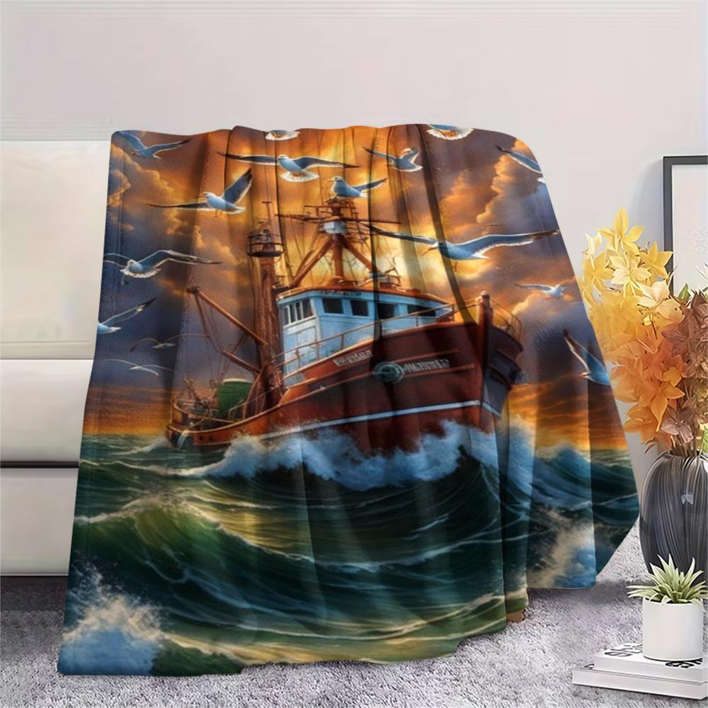Fishing Boat Seagull Ocean Wave Sunset Print Fleece Blanket Nautical Sea Theme Soft Warm Throw Blanket Sofa Bed Home Decor Gift
