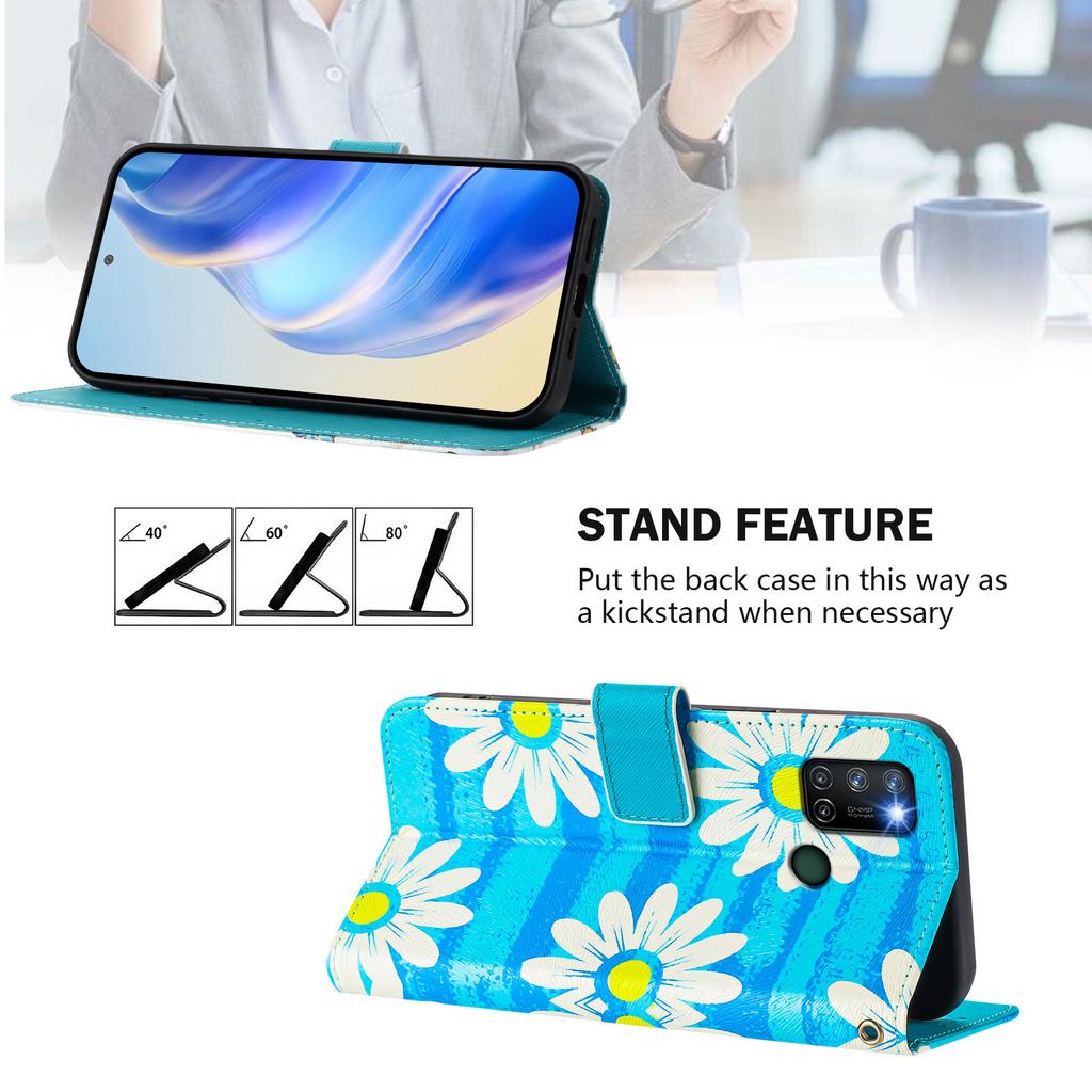 Blue Daisy Luxury Painted Leather Case Wallet Book Style Cover for Oppo A72/A52/A92 4G,A36 4G,Reno 8/9,Realme 8/9/10/11/12...