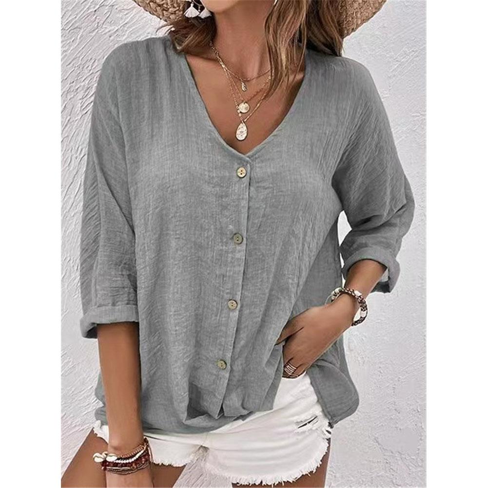 Fashion Solid Color Retro Casual and Versatile V-neck Seven Sleeve T-shirt Tops for Female Basic Commute Camisetas with Buttons