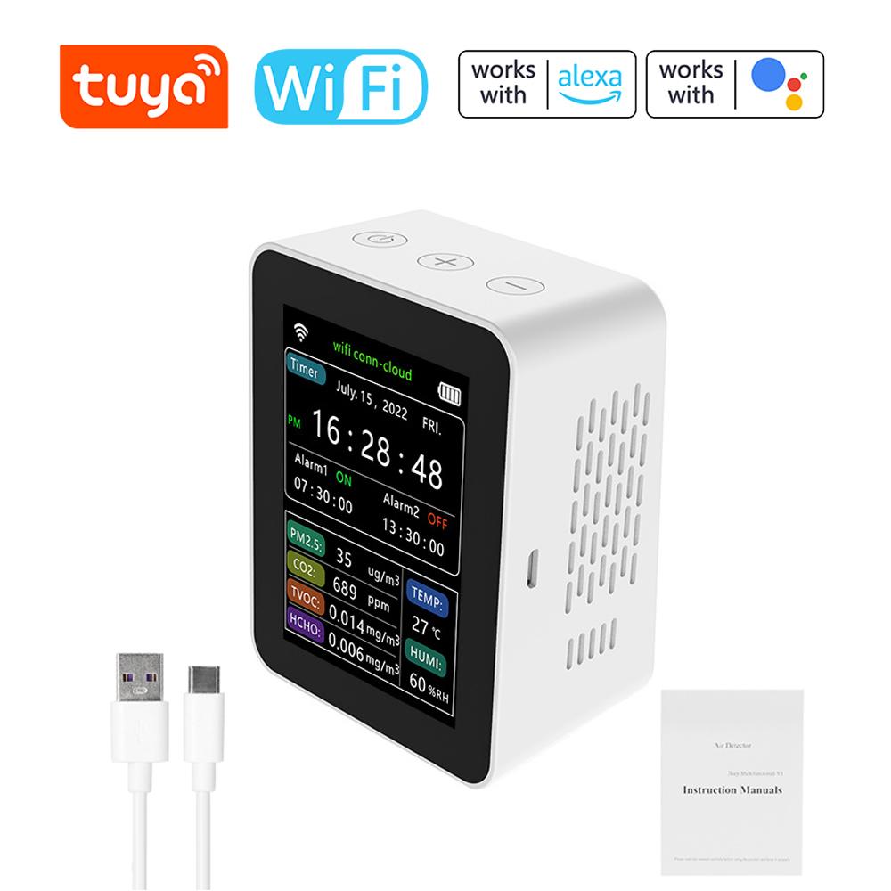 Интеллектуальный детектор качества воздуха Tuya WiFi PM2.5 CO2 TVOC HCHO Датчик температуры и влажности 6 в 1