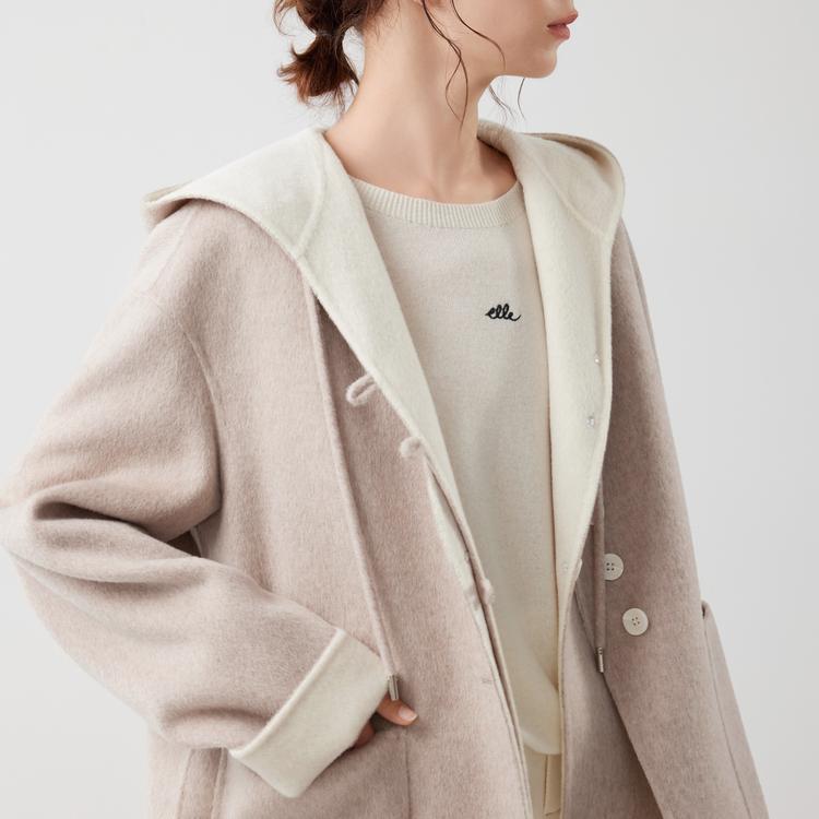 ELLE French Fashion Design Wool Blend Mid-Length Single-Breasted Casual Loose Hooded Two-Piece Double-Sided Wool Coat Women coats EN52147