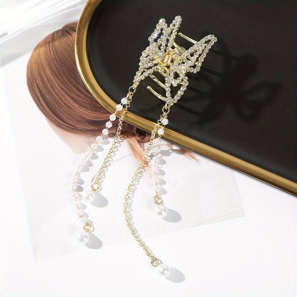 5.5cm Rhinestone Hollow Butterfly Pearl Tassel Hair Grab