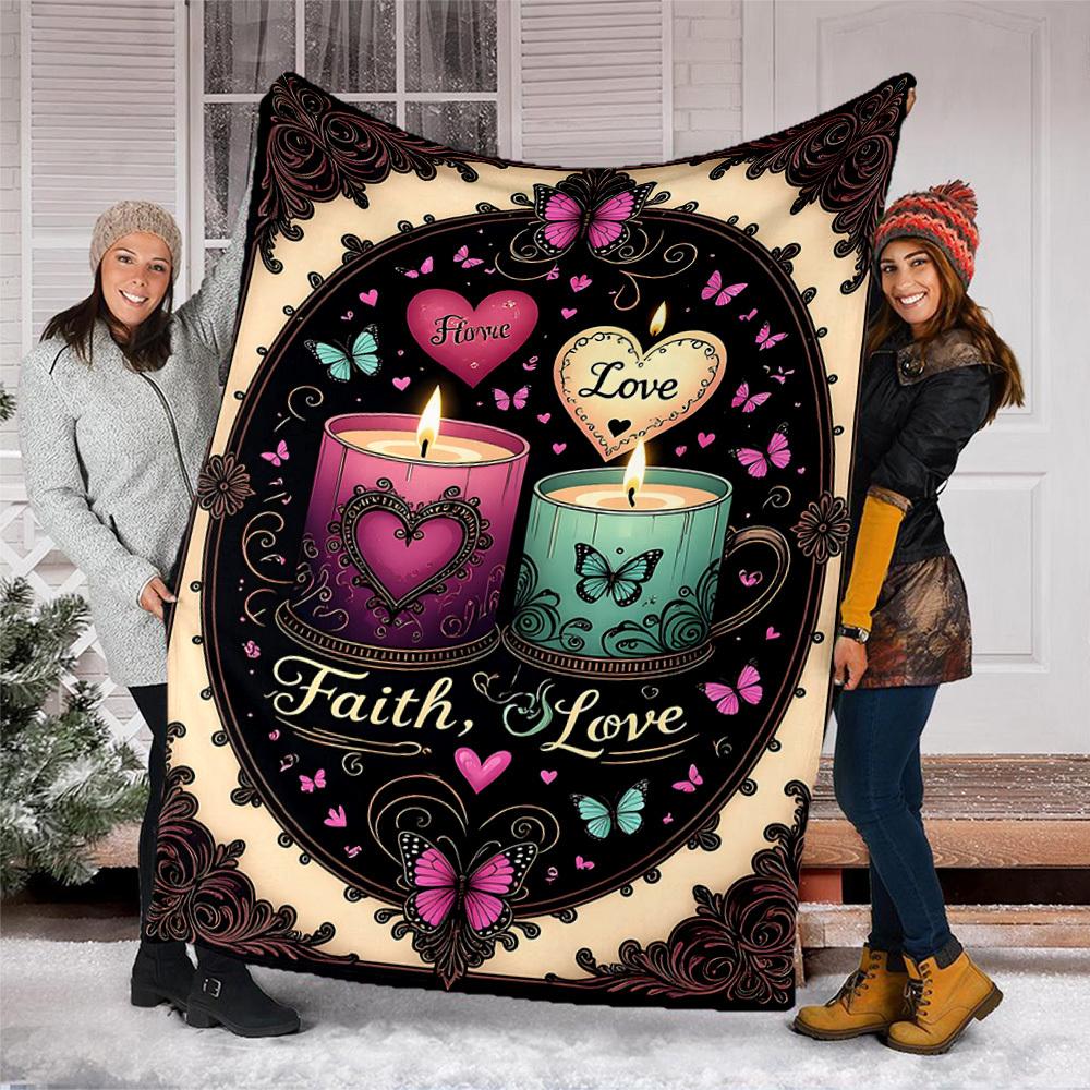 1pc Faith Love Candles Outdoor Flannel Blanket Soft All Season Polyester Throw , Perfect for Picnics & Travel , Picnic Accessory