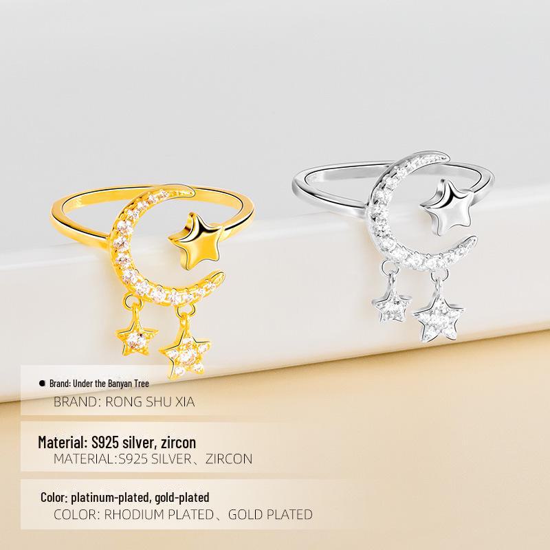 Кольцо Banyan Tree S925 Silver Diamond Star and Moon Tassel Ring - Trendy Open Style для женщин