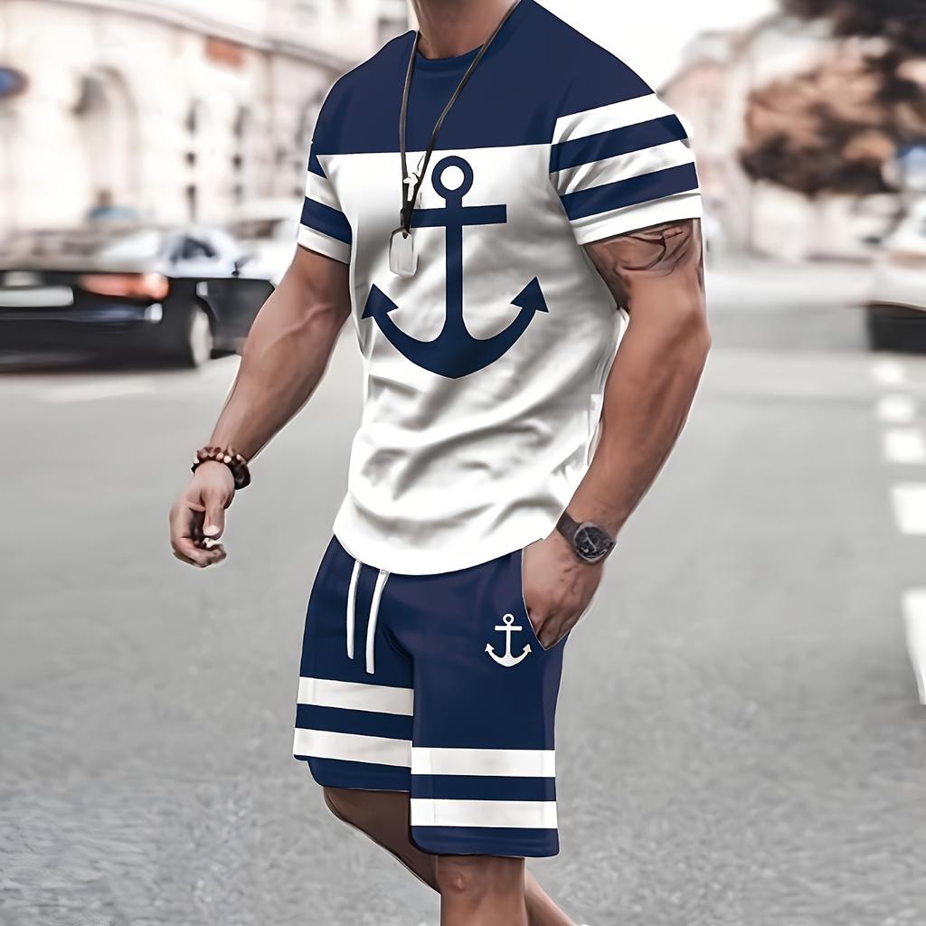 2Pcs Trendy Outfits For Men, Casual Crew Neck Short Sleeve T-shirt And Shorts Set For Summer, Men's Clothing Vacation Workout