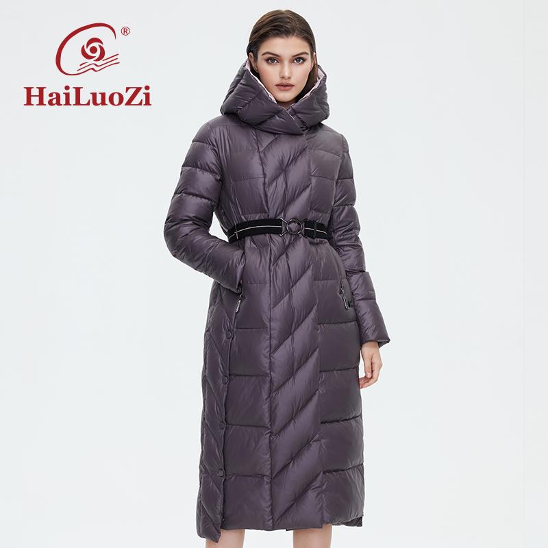 HaiLuoZi 2022 женская зимняя куртка, модное длинное плотное женское пальто до колена, уникальный дизайн, хлопковые парки с диагональным поясом 6037