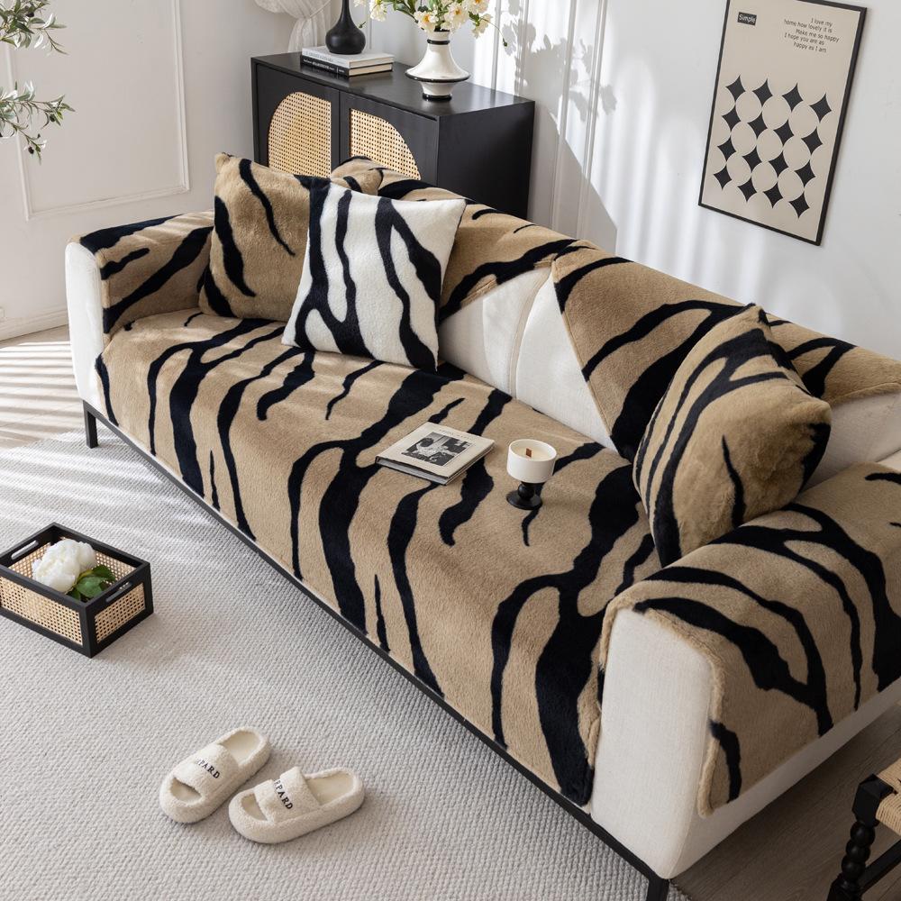 Bunny Cashmere Zebra Pattern Sofa Cushion Autumn and Winter Light Luxury Leather Sofa Cushion Non-Slip New Winter Plush Sofa Cover Cloth