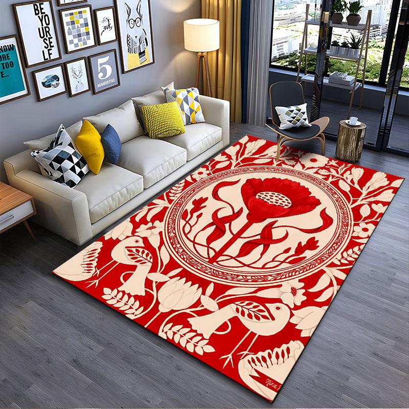 Red Floral Pattern with Birds suitable as a non-slip mat for the living room or bedroom sofa
