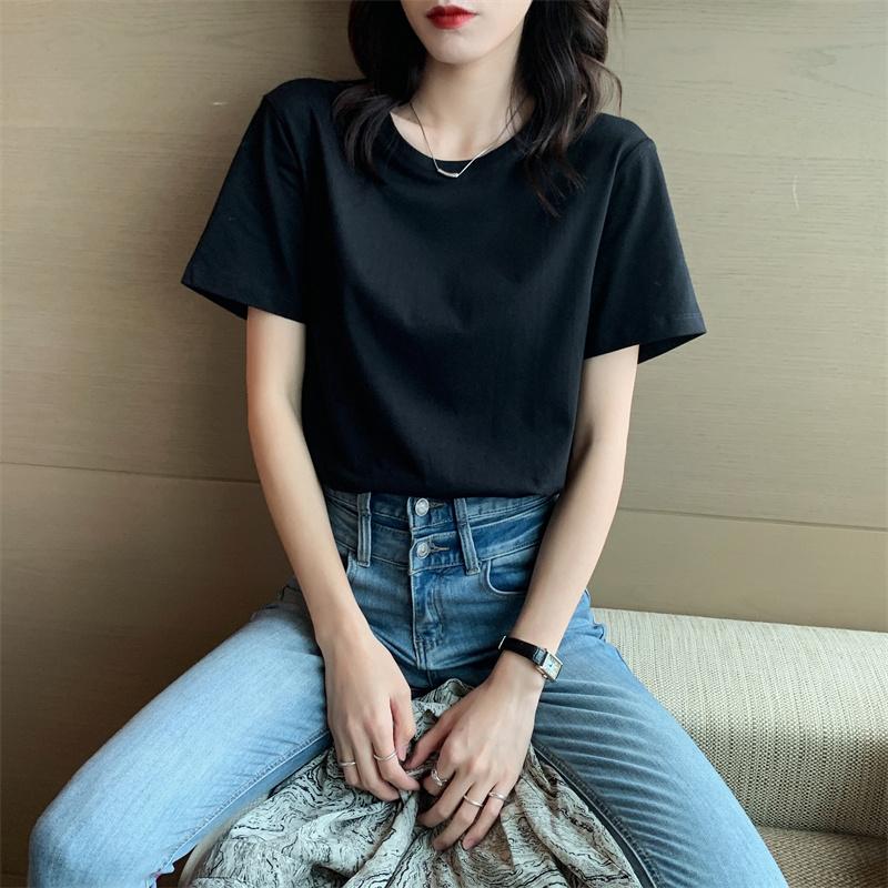Pure cotton versatile t-shirt women's short sleeved new loose and thin style with solid color inside, slimming top JS