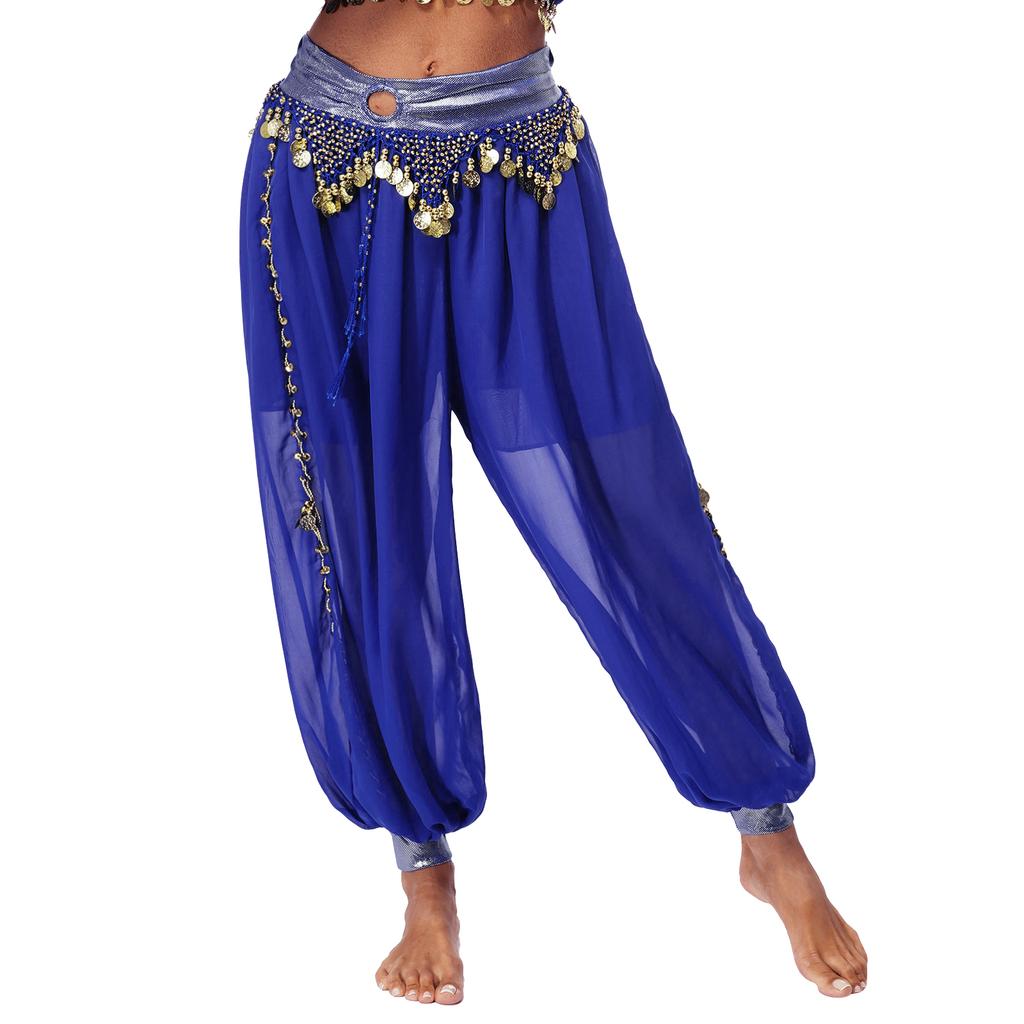Womens Belly Dance Costume Chiffon Bloomers Plastic Beads Tassels Metallic Ruched Waistband Side Split Pants