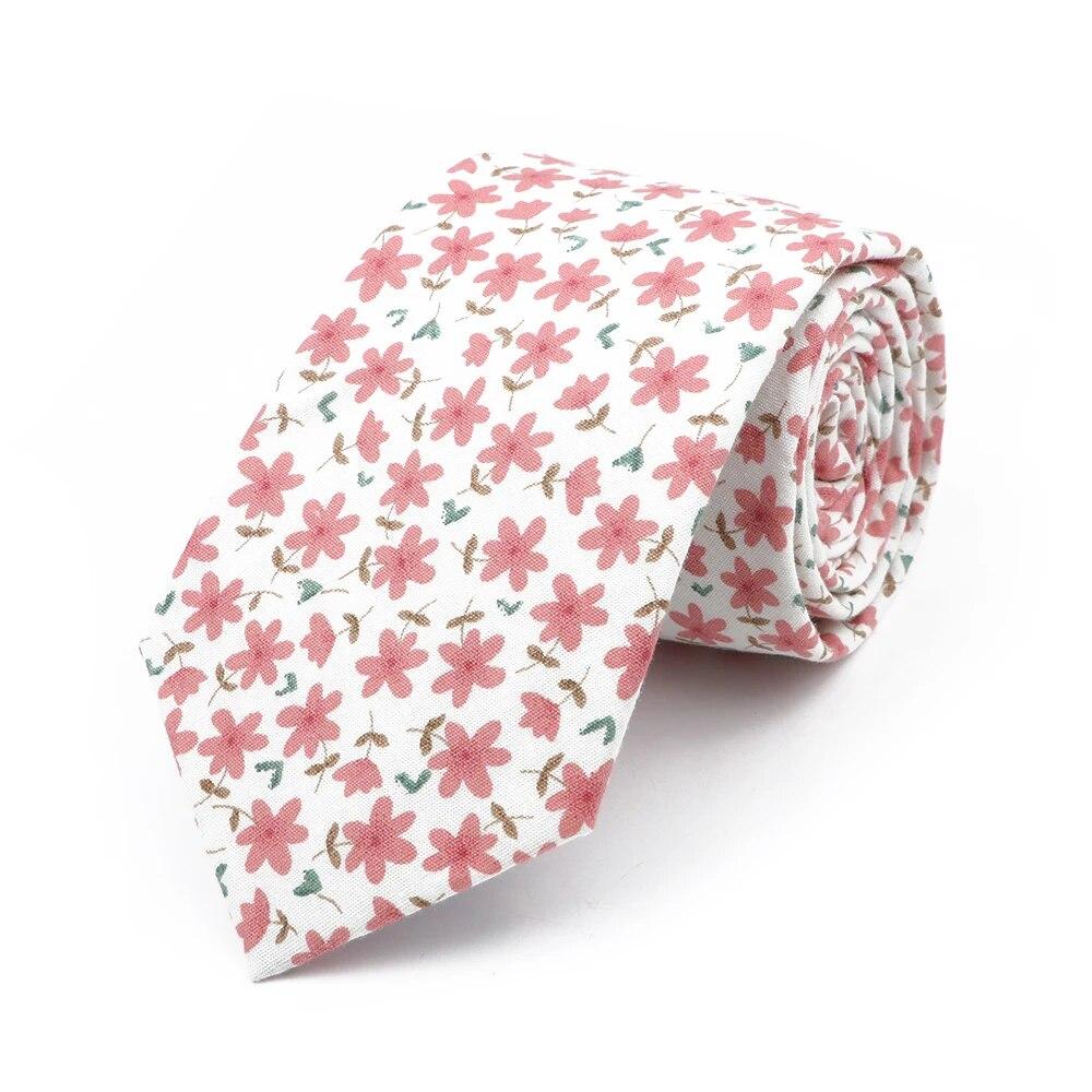 Floral Tie, For Men Women, 100% Cotton, Elegant Flower Necktie, White, Blue, Narrow Skinny, Wedding, Party