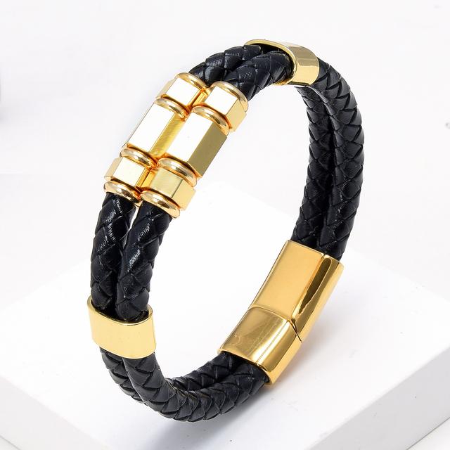 Mens Fashion Jewelry Multilayer Genuine Leather Bracelets Bangles Geometric Stainless Steel Charm Bracelet Men Gifts