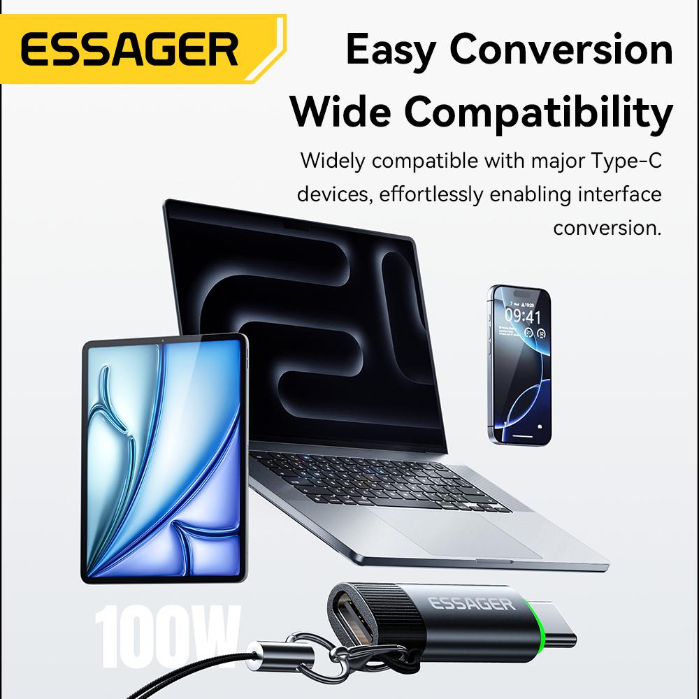 Essager 100 Вт 5 А Умный OTG-адаптер с автоотключением Type C OTG-коннектор С ремешком Для iPhone 17 16 15 Телефонов Android Планшета Ноутбука