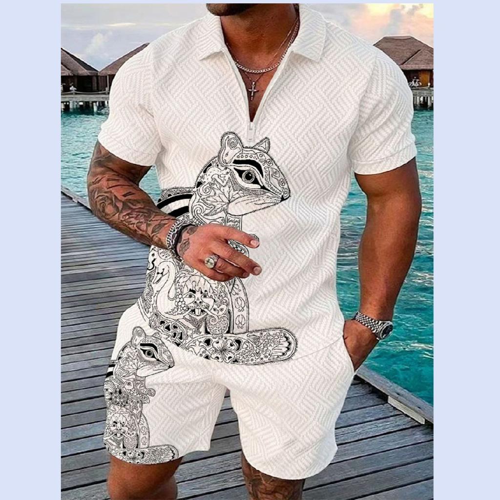 Летний тренд, мужской спортивный костюм, свободный комплект с животным 3D принтом, повседневная рубашка поло на молнии и шорты, комплект из 2 предметов, комплект мужской одежды, спортивный костюм