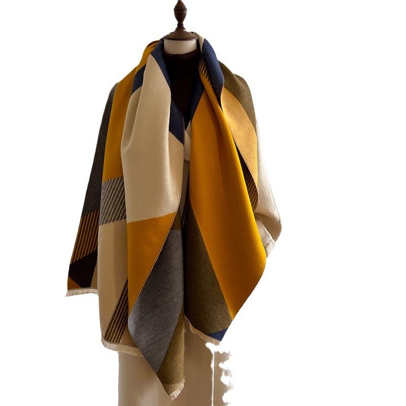 Autumn And Winter Cape Imitation Cashmere Air Conditioner Shawl Thickened Simple Warm Student Extended Plaid Double-Sided Scarf Female