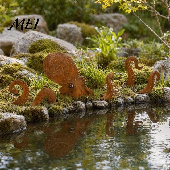 Octopus Garden Ornament Rust Patina Giant Squid Sculpture, 3D Metal Nautical Outdoor Patio Decoration Statue for Lawn Beach House Decor
