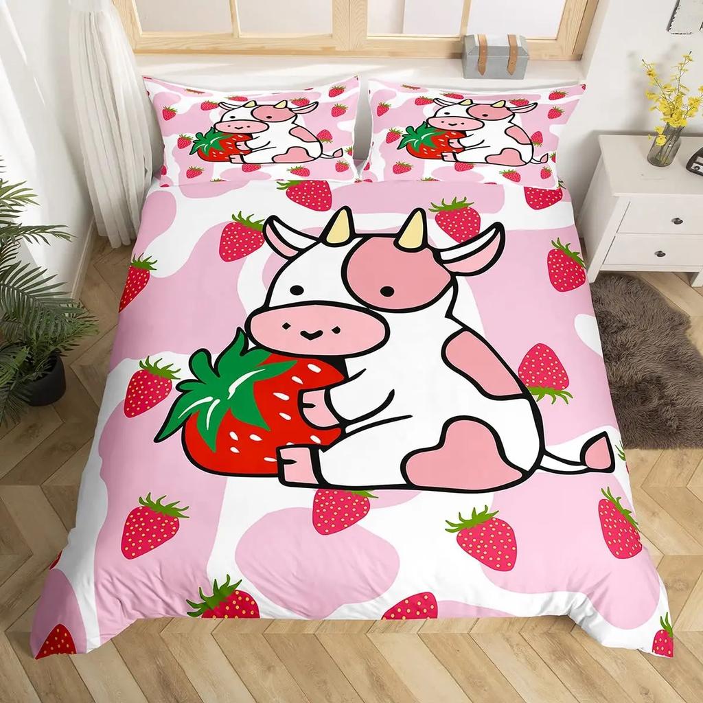 Strawberry Duvet Cover SetRed Strawberry Bedding Set For Girls Cute Black White Geometric Plaid Grid Comforter Cover Full Size