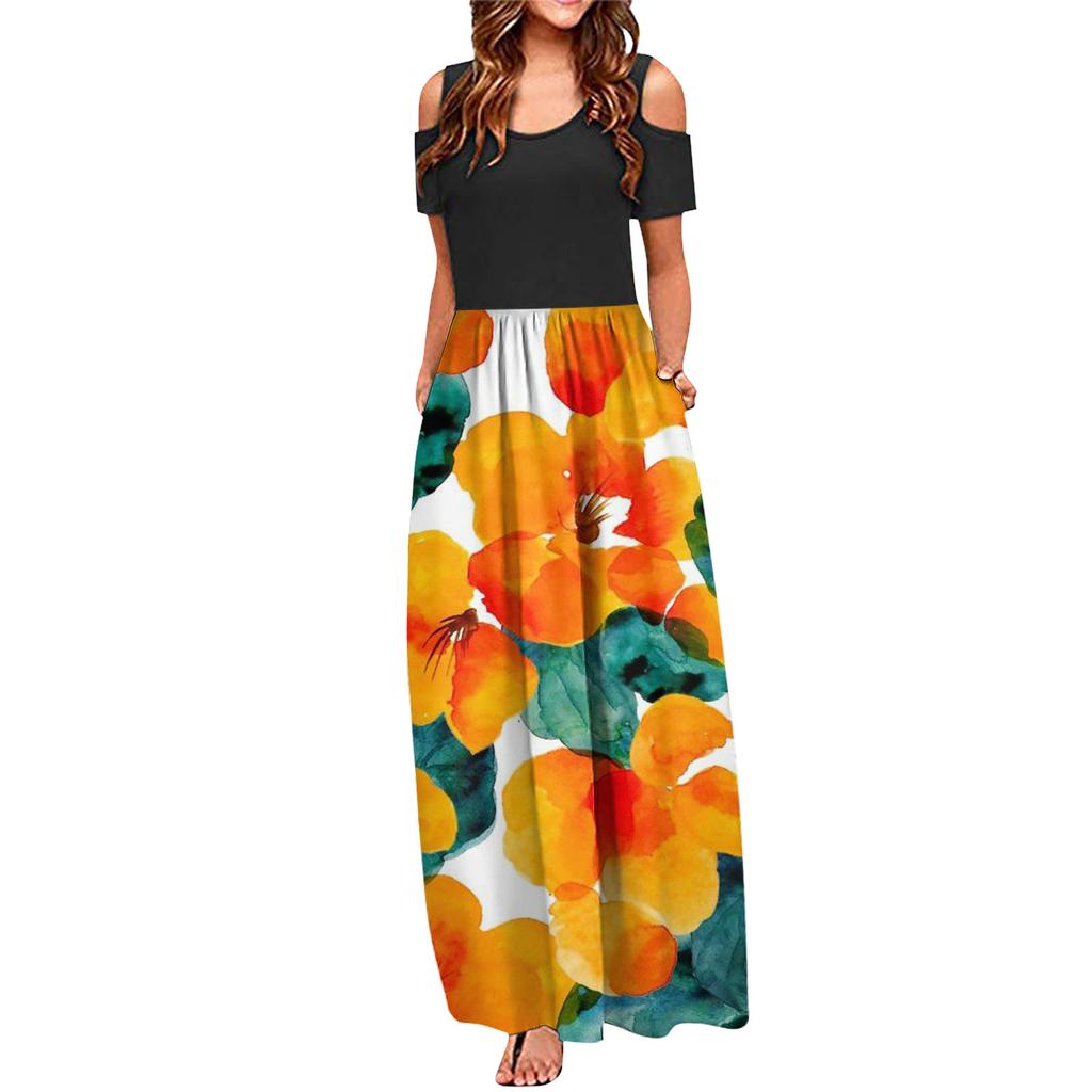 Women's Fashion And All-match Holiday Round Neck Strapless Long Print Spring And Summer Dress