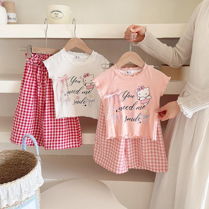 Girls Summer Princess Outfit Cute Cartoon Print Short Sleeve T Shirt And Plaid Shorts Two Piece Set Kids Clothing