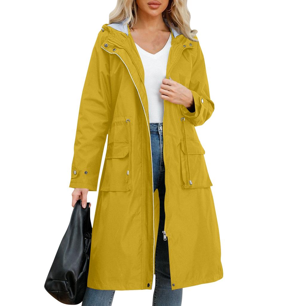 Women's Solid Colored Hooded Long Sleeved Trench Coat With Striped And Straight Tube Jacket