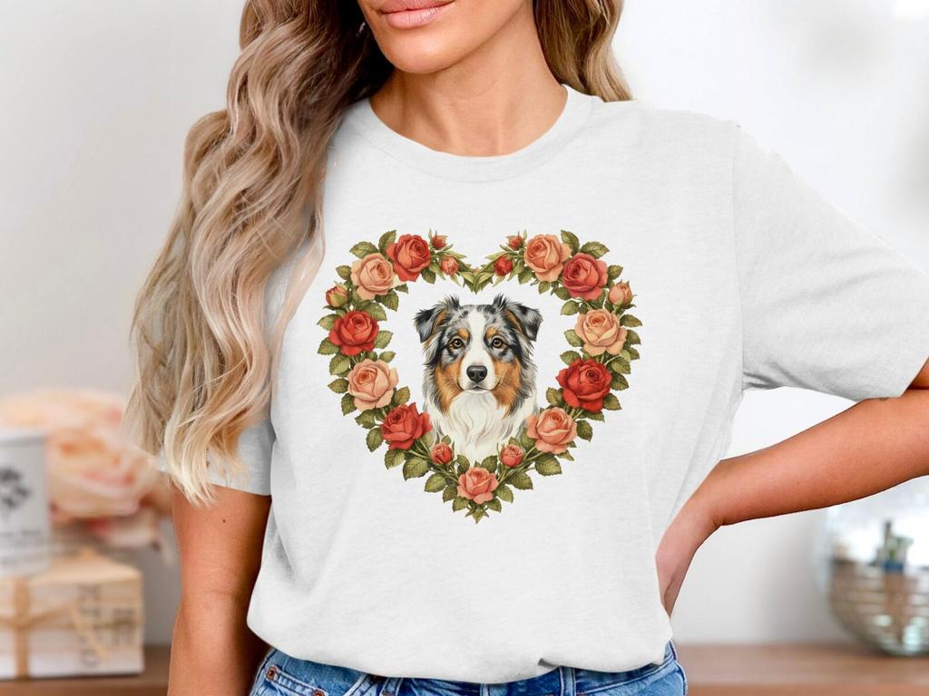 Australian Shepherd T-Shirt, Rose Heart Floral Dog Graphic