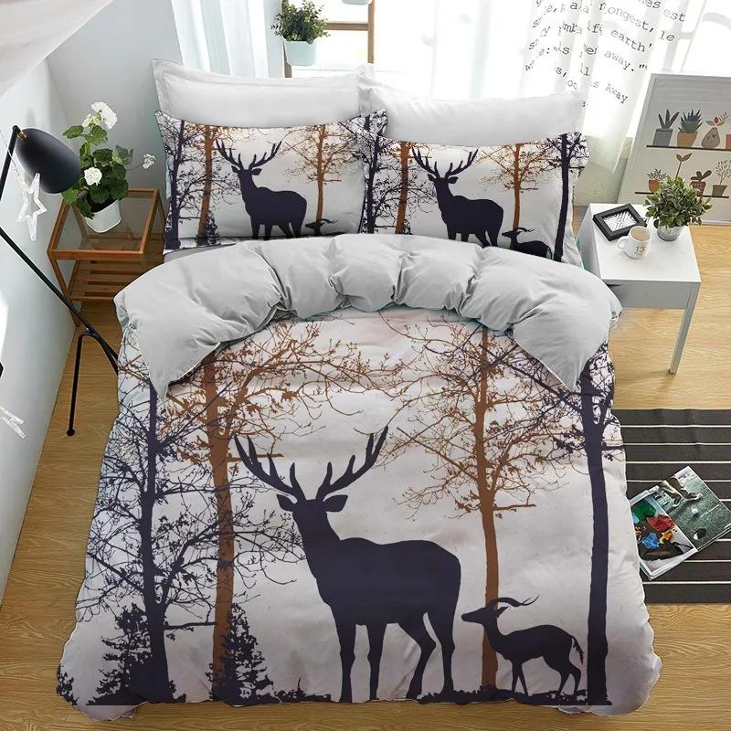 Forest Deer Duvet Cover&Pillowcases,Woodland Animal Print Bedding Set,Cozy Nature Bedroom Decor&Serene Gift for Nature Lovers