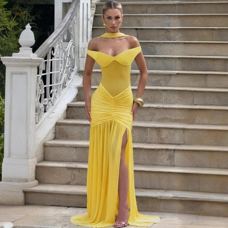 Sexy Tube Top Halter Dress Fashion Temperament Mesh Pleated Split Hip Wrap Dress