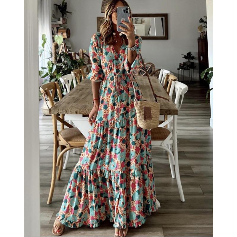Весенне-осенние женские платья с v-образным вырезом и богемным принтом, свободные платья