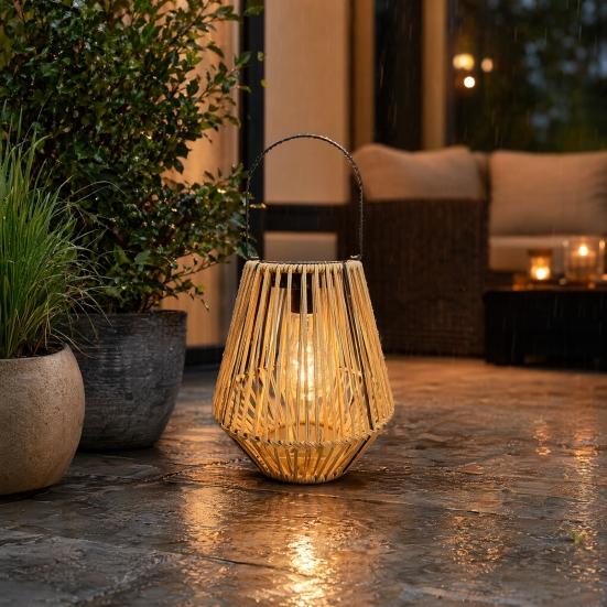 Nostalgie Rattan Woven Solar Lantern, Outdoor Faux Light, Rustic Waterproof Powered Hanging Lantern for Garden Balcony Patio Porch Decor