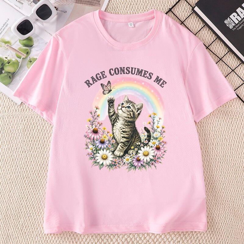 Vintage Rage Consumes Me TShirt Funny Cat Printed Tee Floral Kitten Rainbow Top Unisex Casual Round Neck Printed Tshirts