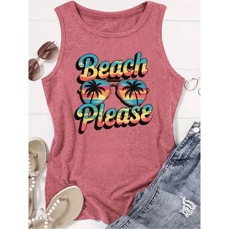 Beach Please Gradient Palm Tree Sunglasses Print Round Neck Women Sleeveless Vest 2026 New Summer Soft Knit Casual Top