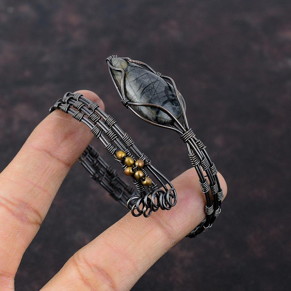 Браслет-манжета из яшмы Пикассо, медная проволока, браслет с драгоценными камнями, регулируемая манжета, браслет ручной работы, медная проволока, ювелирные изделия, подарок на годовщину