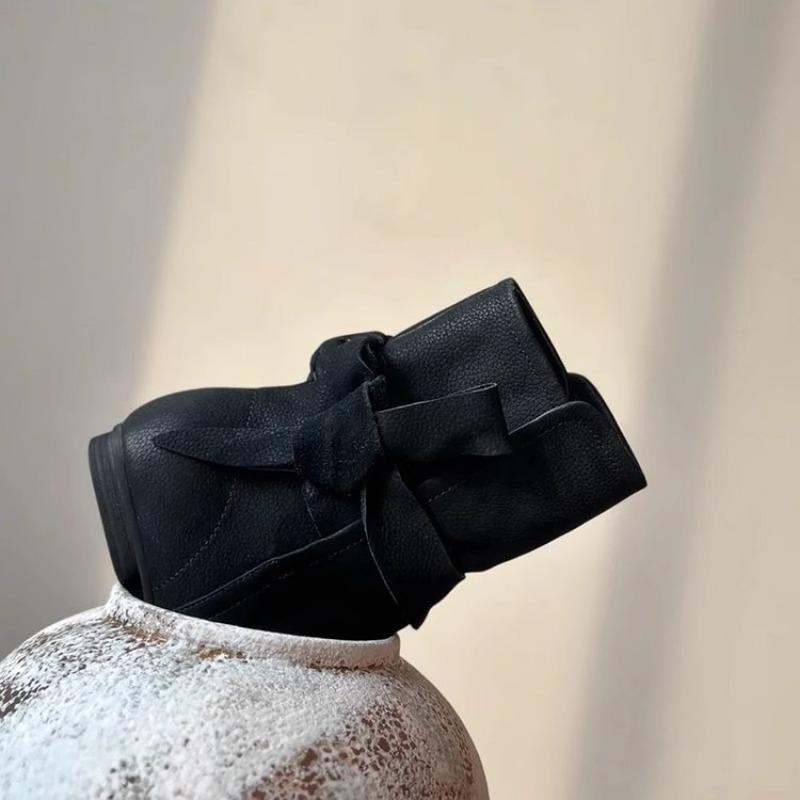 Vintage Design Bow Tie Short Boots Soft Sole Non-Slip Chelsea Boots French Black Flat Suede Botas Casual Comfort Women's Shoes