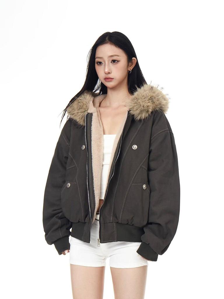 Унисекс ретро хлопковая куртка с капюшоном, пэчворк, меховой воротник – Зимний дизайн, короткая верхняя одежда с флисовой подкладкой.