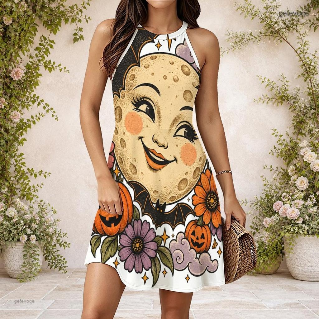 Women Plus Size High Round Neck Sleeveless Vest Dress Cute Hedgehog Pumpkin Printed Gathered Waist Flared Hem
