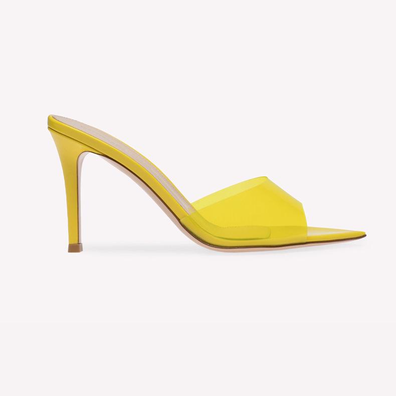 The new simple nude transparent high-heeled slippers with thin heels and pointed toes are not tired, and the high-heeled sandals are worn with open