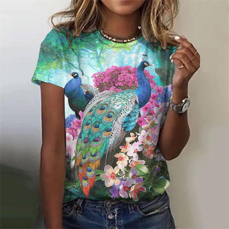 Красивая футболка с узором павлина для женщин, цветочные футболки с 3D-принтом, модные свободные футболки с короткими рукавами и круглым вырезом