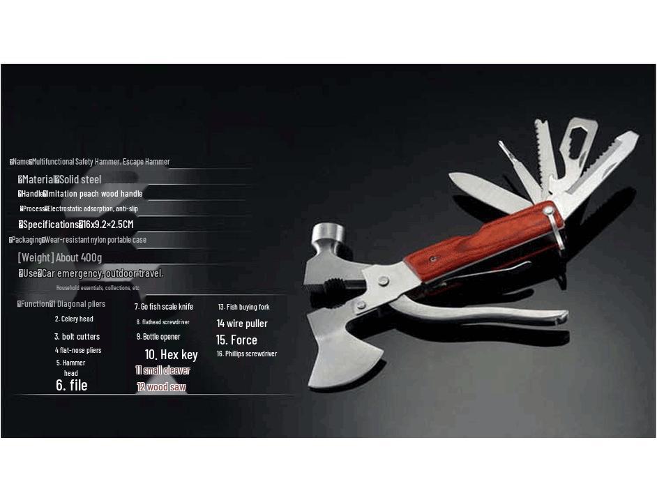 16-in-1 Multifunctional Car Safety Hammer and Axe for Outdoor Emergencies