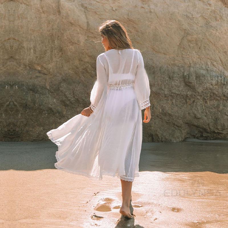2021 сексуальное длинное белое кружевное кимоно с поясом и поясом, женская одежда больших размеров, пляжная одежда, купальный костюм, накидка Q1355