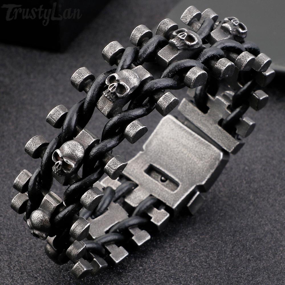 Браслет с черепом шириной 25 мм, мужские кожаные браслеты ручной работы из нержавеющей стали, мужские готические браслеты с пряжкой на ремне, повязка на руку Mannen Heren