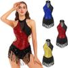 Women Jazz Dance Leotard Halter Neck Glitter Sequin Tassel Fringed Latin Salsa Dance Dress Cutout Bodysuit Performance Costume