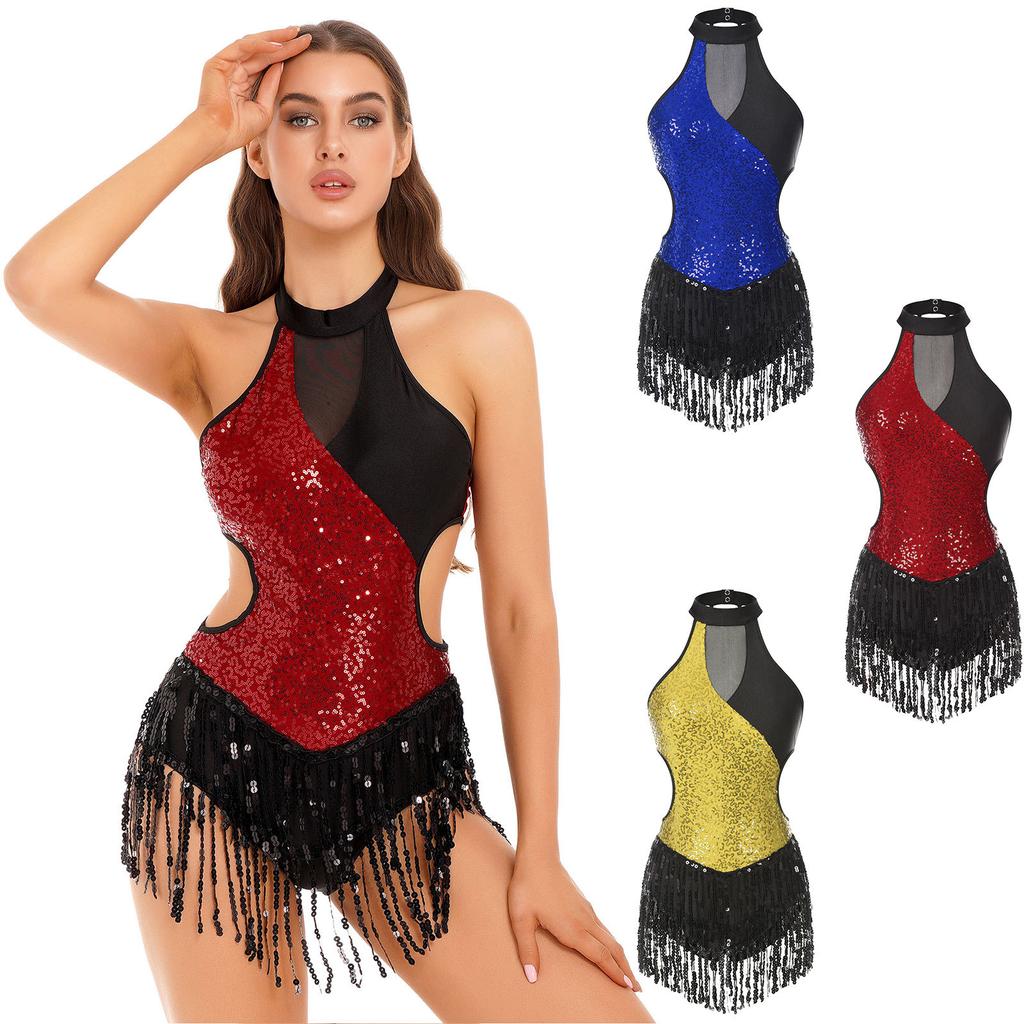 Women Jazz Dance Leotard Halter Neck Glitter Sequin Tassel Fringed Latin Salsa Dance Dress Cutout Bodysuit Performance Costume