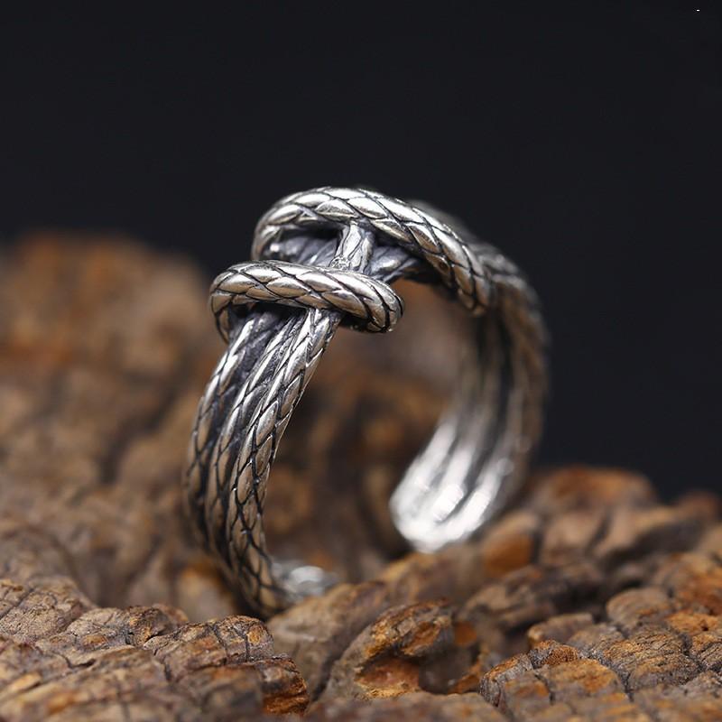 Adjustable Open Finger Ring Men Women Vintage Rustic Braided Rope Design Plated Geometric Animal Motif Band