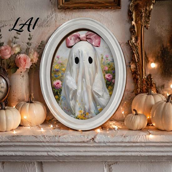 Halloween Home Decor Set Ghost Oval Photo Frame Cute Table Sign Decorative Framed Wooden Decorations for Picture Creative Wall Art Mantel