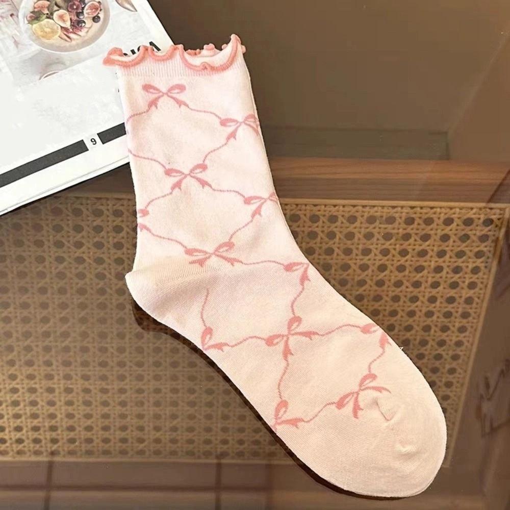 5Pairs Breathable Mid Tube Socks Thin Cotton Sweet Socks Women Cute Ruffle Bow Socks Streetwear