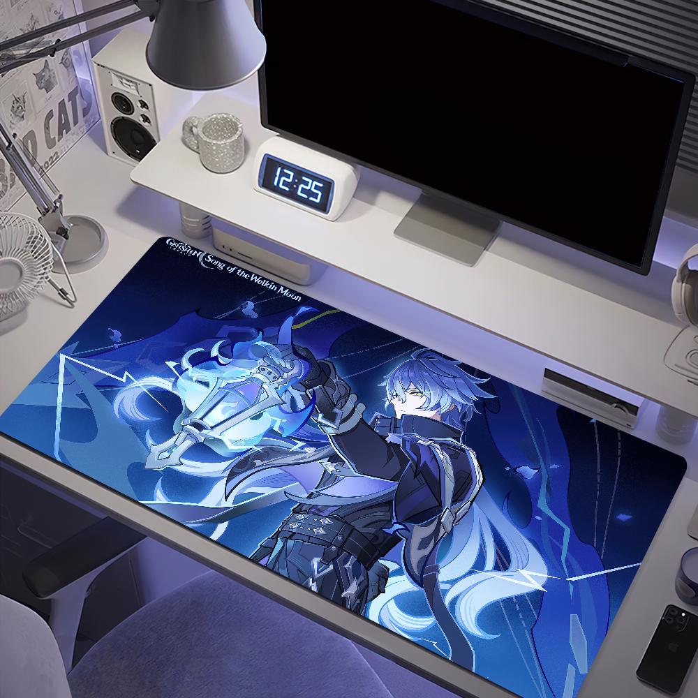 Genshin Impact Flins Синий Игровой Коврик для Мыши Настольный Коврик Большой Нескользящий Стойкий к Износу Клавиатура Эргономичный Офисный Резиновый ПК Домашний Индивидуальный