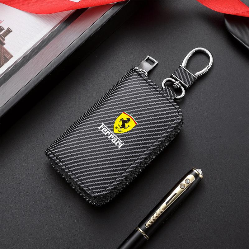 Carbon Fiber Car Key Wallet Zipper Key Case Holder with Keychain for Ferrari 296 GTB GTS Roma Purosangue 812 SF90 F8 Tributo HS4