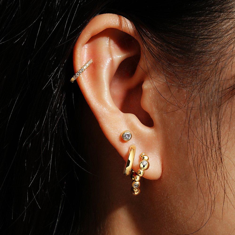 Gold Bezel Bead Curved Huggie Hoop Earrings 925 Silver E066-08G