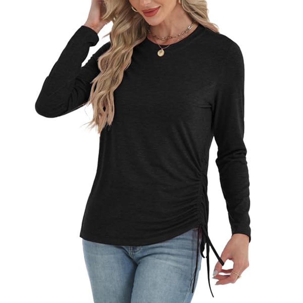 Women's Fashion Round Neck Solid Color Long Sleeve Side Drawstring Loose Casual Hoodie T-shirt Top
